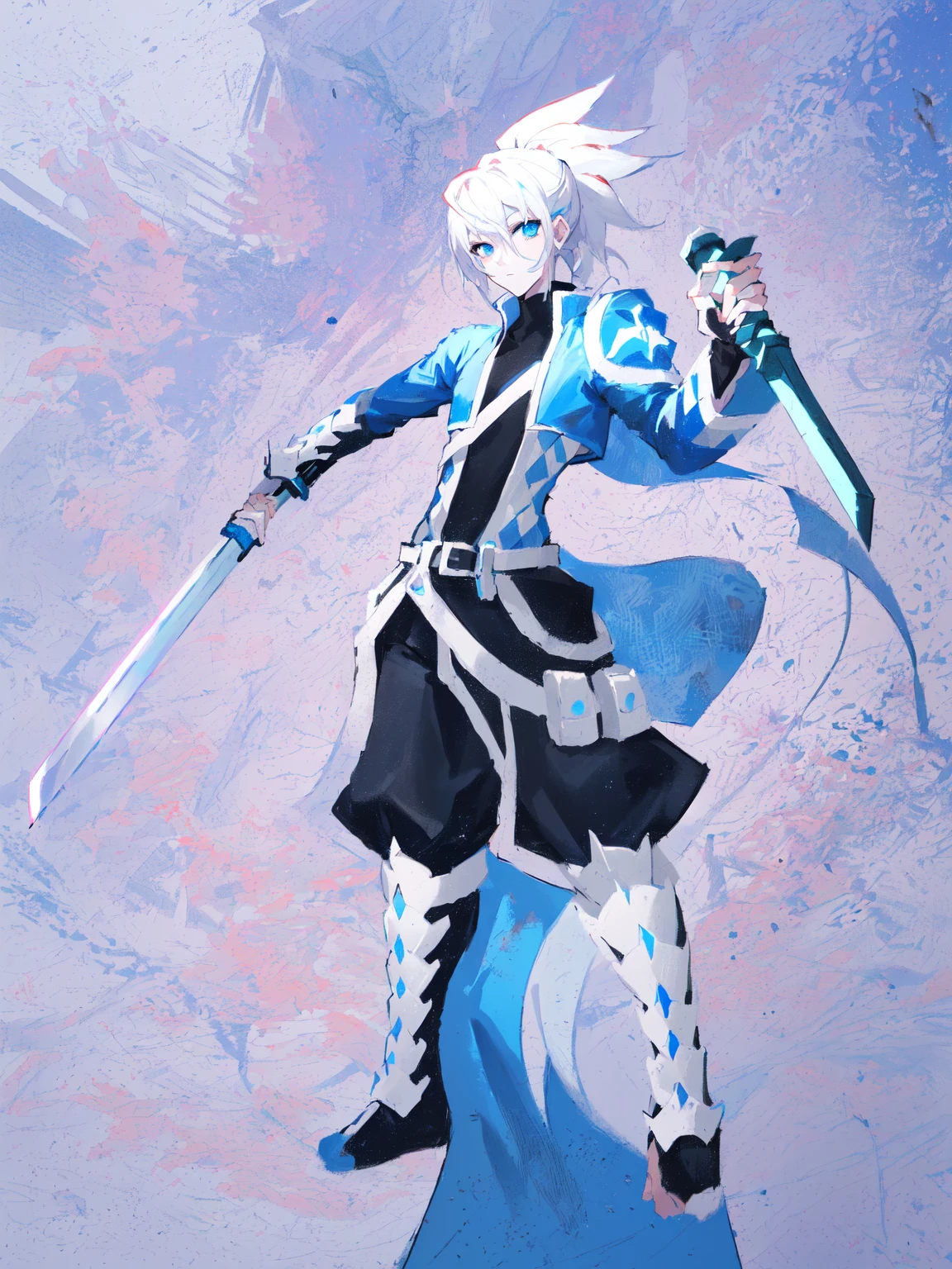 sketches of a drawing of a androgynous young boy with 2 swords, an anime drawing, detailed fanart, hero 2d fanart artsation, ( ( character concept art ) ), anime drawing, game art!!, with out shading, anime shading), dramatic wielding sword pose, anime shading, white hair, glowing blue eyes, pale skin, black ninja pants, black vest, blue belts, short blue jacket, very long ponytail