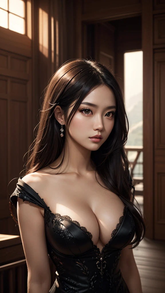 sexy japan woman, fantasy japan woman, queen, posing, voluminous breast, a 30 year old woman, divine face, beauty face, high detail, beauty lips, photorealistic, ultrarealistic, palace on the background, rtx on, Color Grading, Perspective, Depth of Field, Field of View, Tonal Colors, 8K, Full-HD, Perfectionism, Rim Lighting, Natural Lighting, Soft Lighting, Accent Lighting, Diffraction Grading, hot woman , super detailed, (( Detailed beautiful brown eyes )) , black hair , long straight hair, ( fantasy black dress )