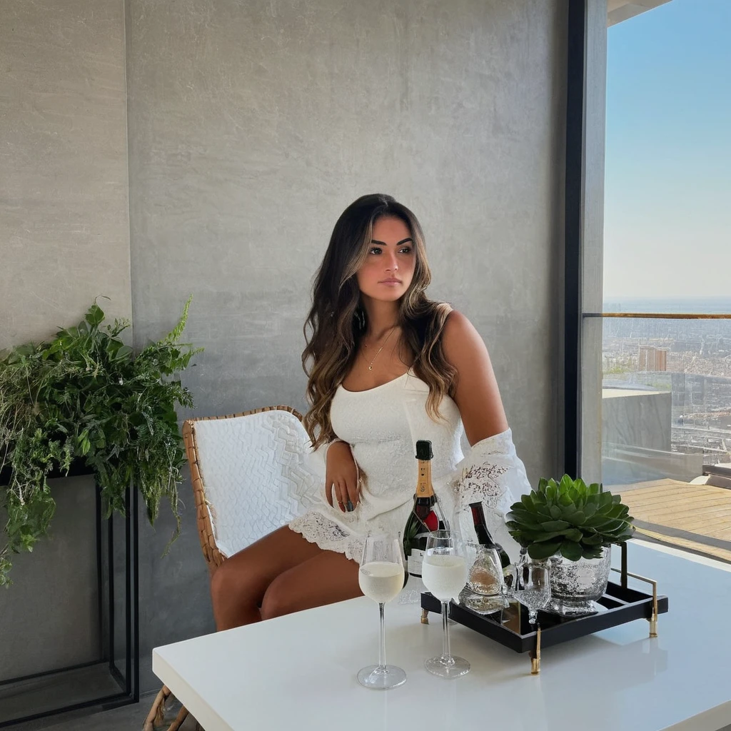 Instagram influencer, Latina female, 27 years old, athletic body, large breasts, tan skin, long wavy brown hair, (hazel eye color). Wearing a bathrobe standing on the balcony of a luxury hotel watching the sunrise over the ocean. Miami Beach. Backside towards the camera, looking away from the camera towards the ocean.