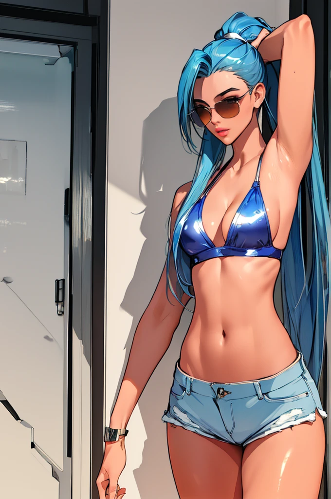 (best quality: 1.2), clean face, (masterpiece: 1.2, 8k) perfect anatomy, 1girl,a beautiful fashion model ,(masterpiece, official art, best quality ,long and shiny hair, blue hair with streaks in hair, long hair, full lips, slender body, slim body big breasts, looking at viewer, revealing outfit, absurdity, intricate details, dynamic pose, club, , wearing short shorts and a tight white top, cleavage, thong straps,  ponytail, sunglasses, celebrity