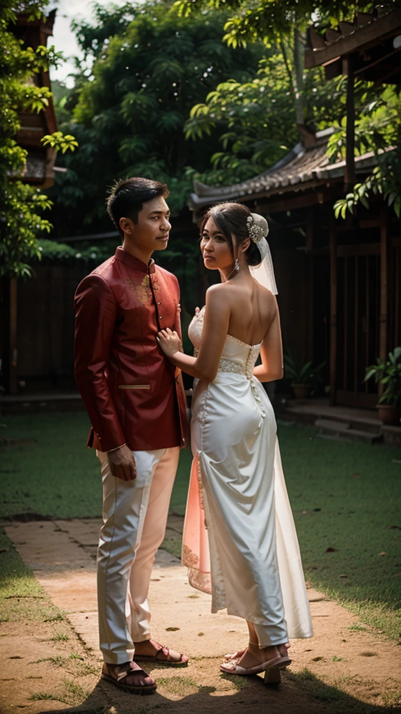 Groom and bride standing, Thailand's traditional culture, back yard background,