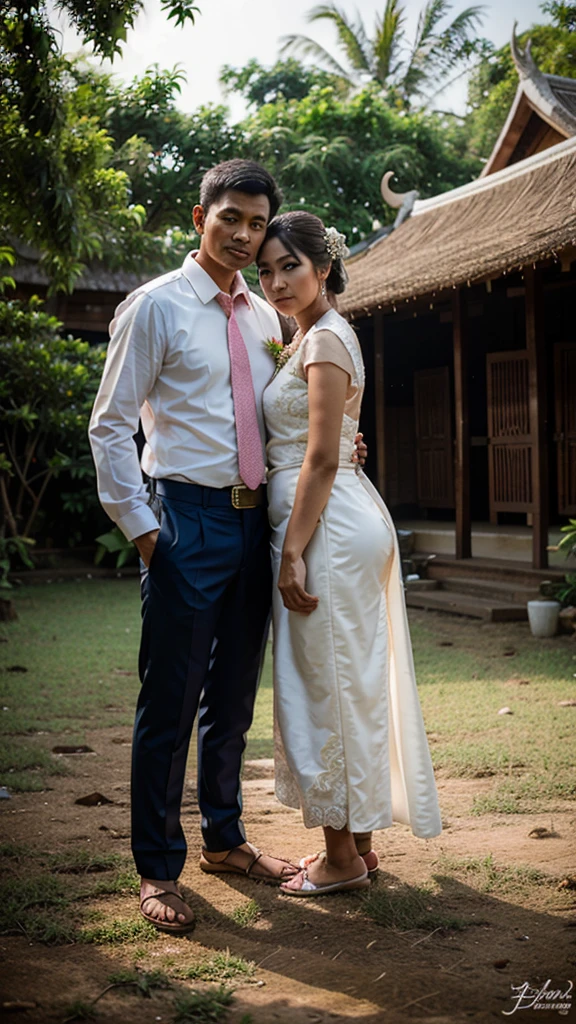 Groom and bride standing, Thailand's traditional culture, back yard background,