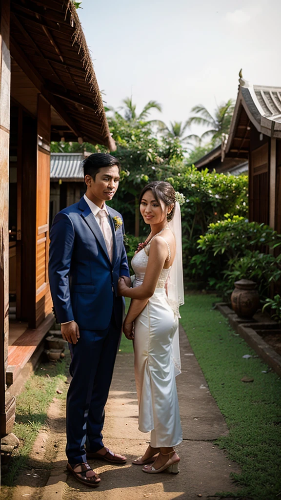 Groom and bride standing, Thailand's traditional culture, back yard background,