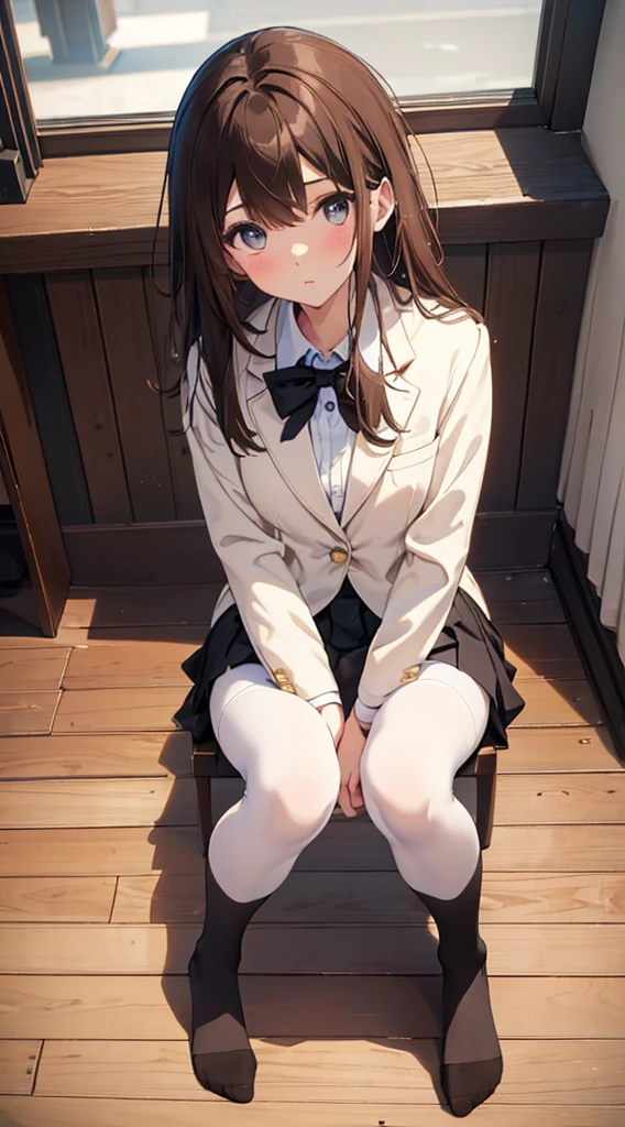 Top quality, masterpiece, High resolution, (Head to toe full body), front, frontやや下からの構図, Symmetric, Tall 18 year old girl, alone, (Head to toe), (Small breasts), Unkempt brown hair, bangs, (black tights), (Black Pantyhose), (Sit with your legs apart), (Crouching pose), (A composition showing white panties), (Her legs were spread、I see your white pants.), (I was made to sit on the floor with my legs spread..), (M-shaped legs), Thin legs, A very beautiful and tall 18 year old girl, (No shoes), blush, Shy big eyes, looking at the camera, Blazer Uniform, Checkered Pleated Skirt