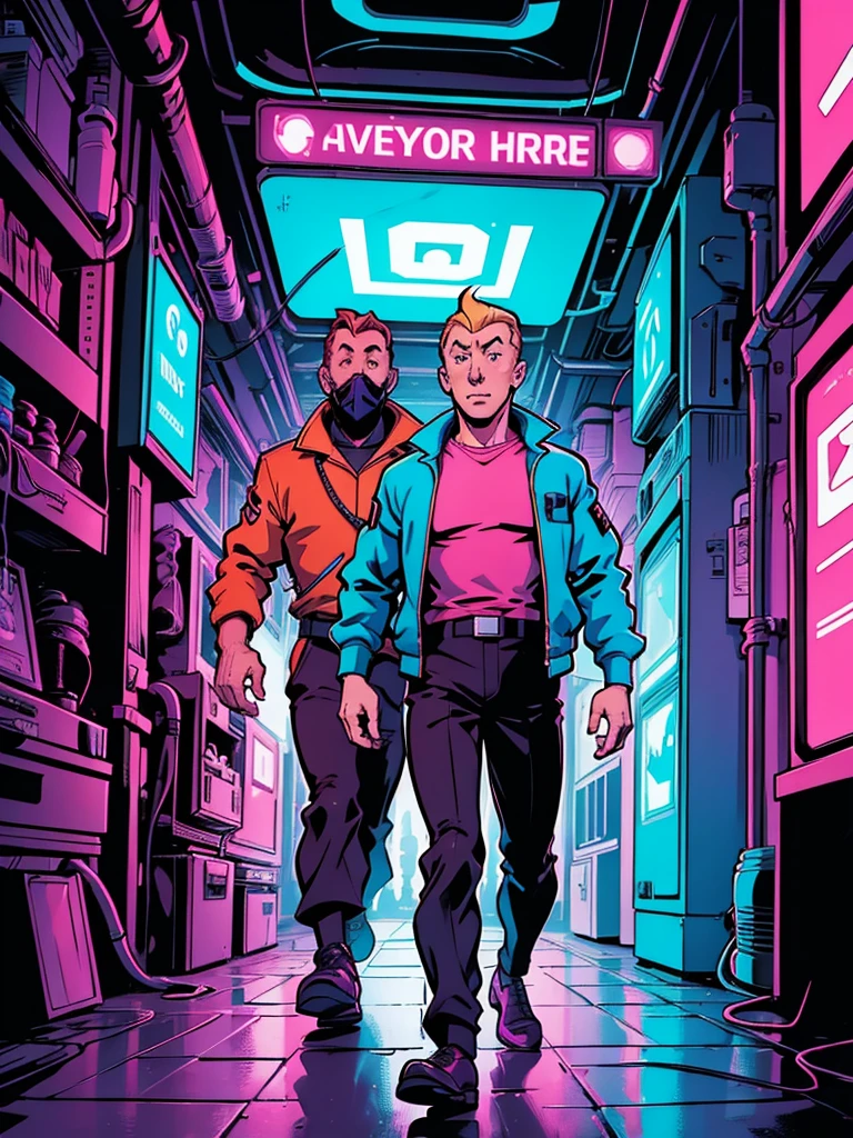 One of the official covers of Hergé's comics, but it's cyberpunk in neon colors.