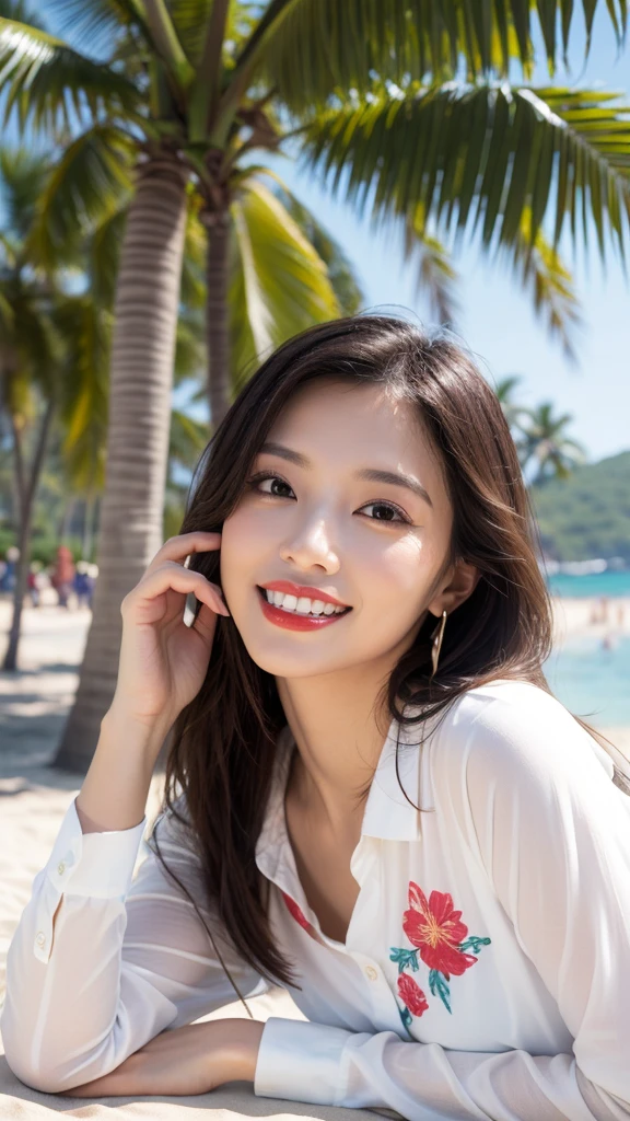 alone, whole body,Earrings, eyelash, pantyhose,, (Beach,(Palm tree),crowd,(White shirt), Floral print,Red lips),Sexy and provocative smile,, (Shiny skin:1.05),(blush:0.9),(Skin Dentition:1.15),Realistic, masterpiece, Highest quality, High resolution,Absurd, (Perfect Face:1.1), (Sharp focus:1.1),, Trending on Art Station, Trending on CGSociety, Complex, High detail, Sharp focus, dramatic,