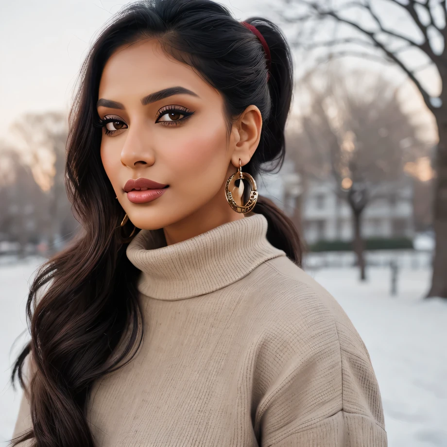 Create an ultra-realistic image of a modern, attractive female influencer of Indian descent, aged between 27 to 30. She should have a warm and inviting smile, expressive almond-shaped eyes with a slight shimmer, and clear, glowing skin with a medium brown complexion. Her features should be well-defined, with high cheekbones and a sharp jawline. Her hair should be long, thick, and wavy, styled in a sleek high ponytail with a bit of volume at the crown, with a vibrant, warm red color that’s eye-catching and bold.
She should have a slender yet athletic build, reflecting a healthy and active lifestyle, with a bust size that is larger than average, enhancing her curves. She is wearing a warm and chic outfit consisting of a turtleneck in a neutral color like grey, white, or camel, paired with a skirt in plaid, black, or burgundy. Her outfit is completed with stylish black heeled sandals that add elegance to her look. She accessorizes with subtle yet chic jewelry, such as small hoop earrings and a few thin bangles.
The background should feature snow-covered scenes with frosty trees and a cozy, wintry atmosphere, suggesting a stylish and seasonal setting. Her overall appearance should exude confidence, approachability, and sophistication, capturing the essence of a contemporary Indian fashion influencer.