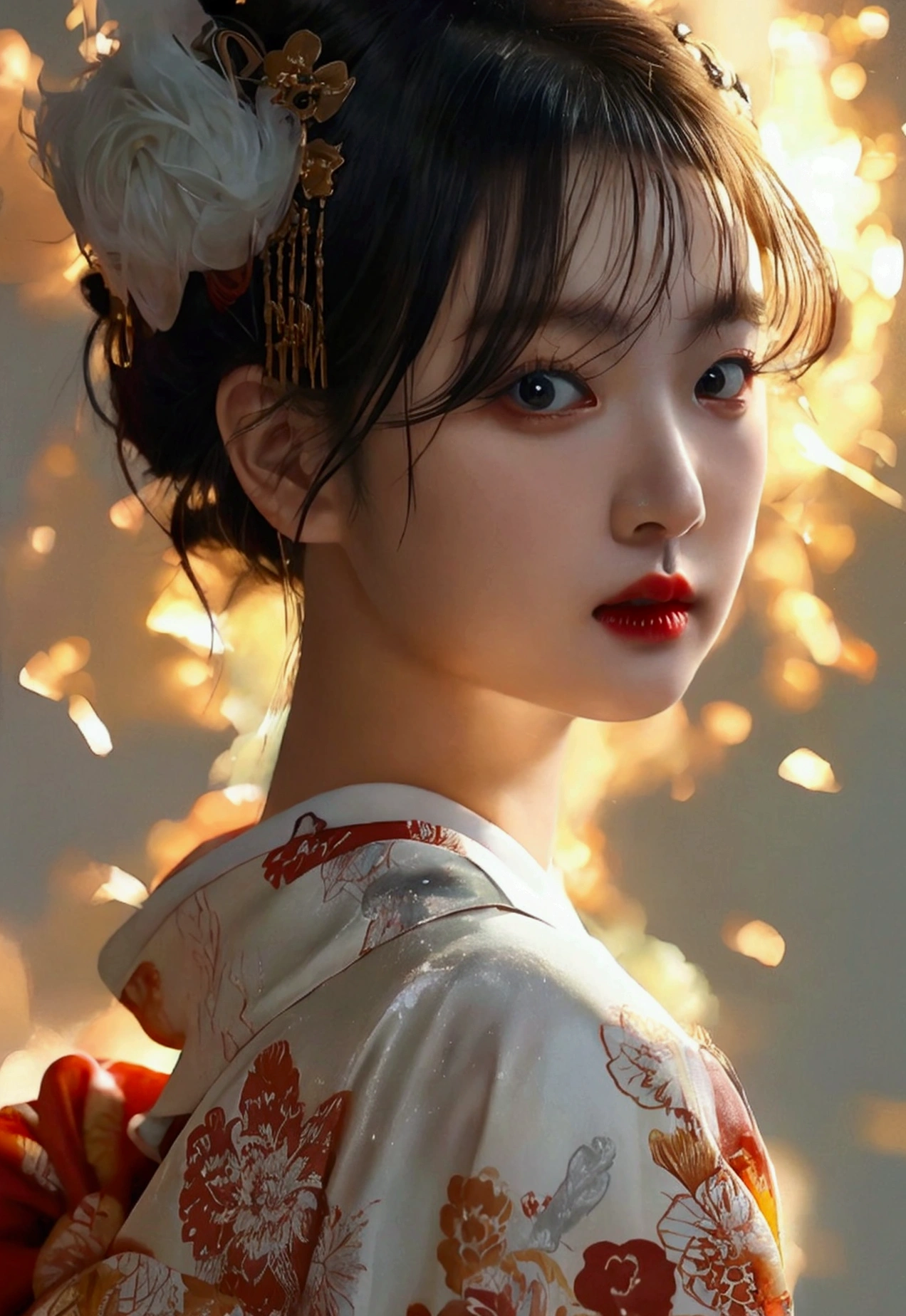 (Top image quality、8K、masuter piece:1.3))、(Realistic:1.2)、(1girl in)、20yr old、huge tit、(White short hair:1.2)、(Deities々Bright luxury kimono:1.2)、(all-fours:1.2)、long kimono、(oiran:1.3)、Delicat eyes、double eyelid、(Very dark eyeliner)、red-lips、Soft breasts、delicated face, huge breat
