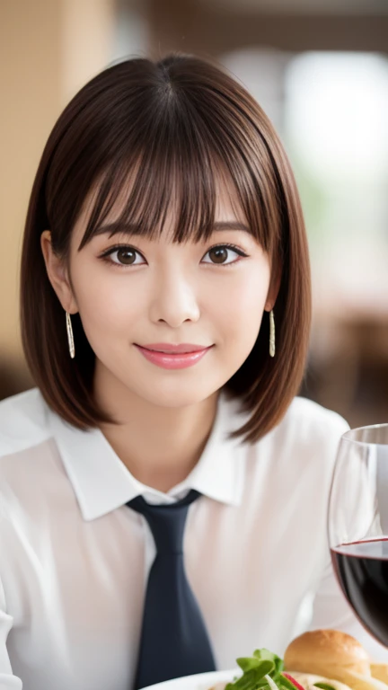 (masterpiece)、(Highest quality:1.5)、(Photorealistic:1.2)、(Surreal), (High resolution), (Realistic), (Post-processing),(Sharp focus), Sharp focus:1.2,Backlight, (Improvement of quality:1.4), (Narrow waist)、Big Ass、((Perfectly detailed five-fingered hands)),(Anatomically correct body)、((1 female:1.4))、Japanese、Realistic Skin、(Small chest:1.4)、Bust size is A cup、Pretty woman with perfect figure:1.4,(from the front:1.5), (Enhances the beauty of skin texture:1.1),No makeup、美しいBlack Hair、The best smile、Natural color lip、(Small Mouth:1.4)、The mouth is not open、Thick lips、(Oval Face)、Even bangs、Hide eyebrows with bangs、((33-year-old woman))、Bob Hair、Hair blowing in the wind, (Black Hair, Iris, Watery eyes, Shining Eyes, Bob Cut Hair, Small earrings,), Hair behind the ear、No makeup、(Drooping eyes)、(((One lovely woman)),((A big friendly smile)),(( Small breasts,Small breastsの谷間)),((((Plump Cheeks)))),((whole body:1.5)),very cute,(Baby Face),高級restaurantで、full-course dinner、Wine Party、Bright image、The beauty of wine, Beautiful Face, red wine 、Appetizers、Italian food、Wine bottle、Champagne、sparkling wine、(slimな顔), (The body is slim),restaurant, White wine, slim, wine glass, 中央に置かれたwine glass, Beautiful fine grain, Depth f/2,saturation, High Contrast, Strong light and shadow,Moist Body:1.5、3D texture、Delicate eyes、((In front of the food on the table:1.5))、White collar shirt and tie、erious expression