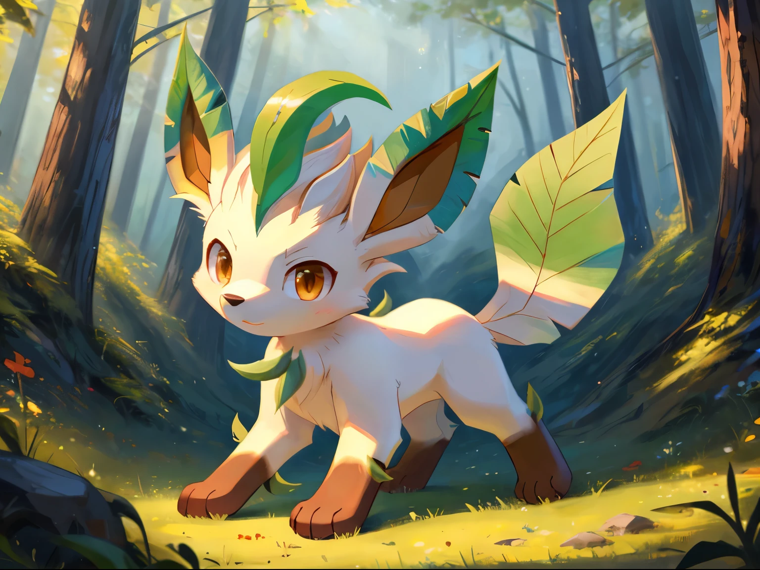 forest, (chibi) ((Leafeon)), [[yellow_body, Sharp_tail，Light green hair]], (((quadruped, feral, canid, canine))), hind_limbs, (pink_pawpads:1.2), (animal_legs, animal_hand:1.2) solo, looking_at_viewer spread_legs, on_back best_quality, hi_res, masterpiece, absurd_res Highly_detailed, 4k, high_detail, detailed_background uploaded_on_e621, (by_nettsuu:1.2), (by_Ancesra:0.6),
