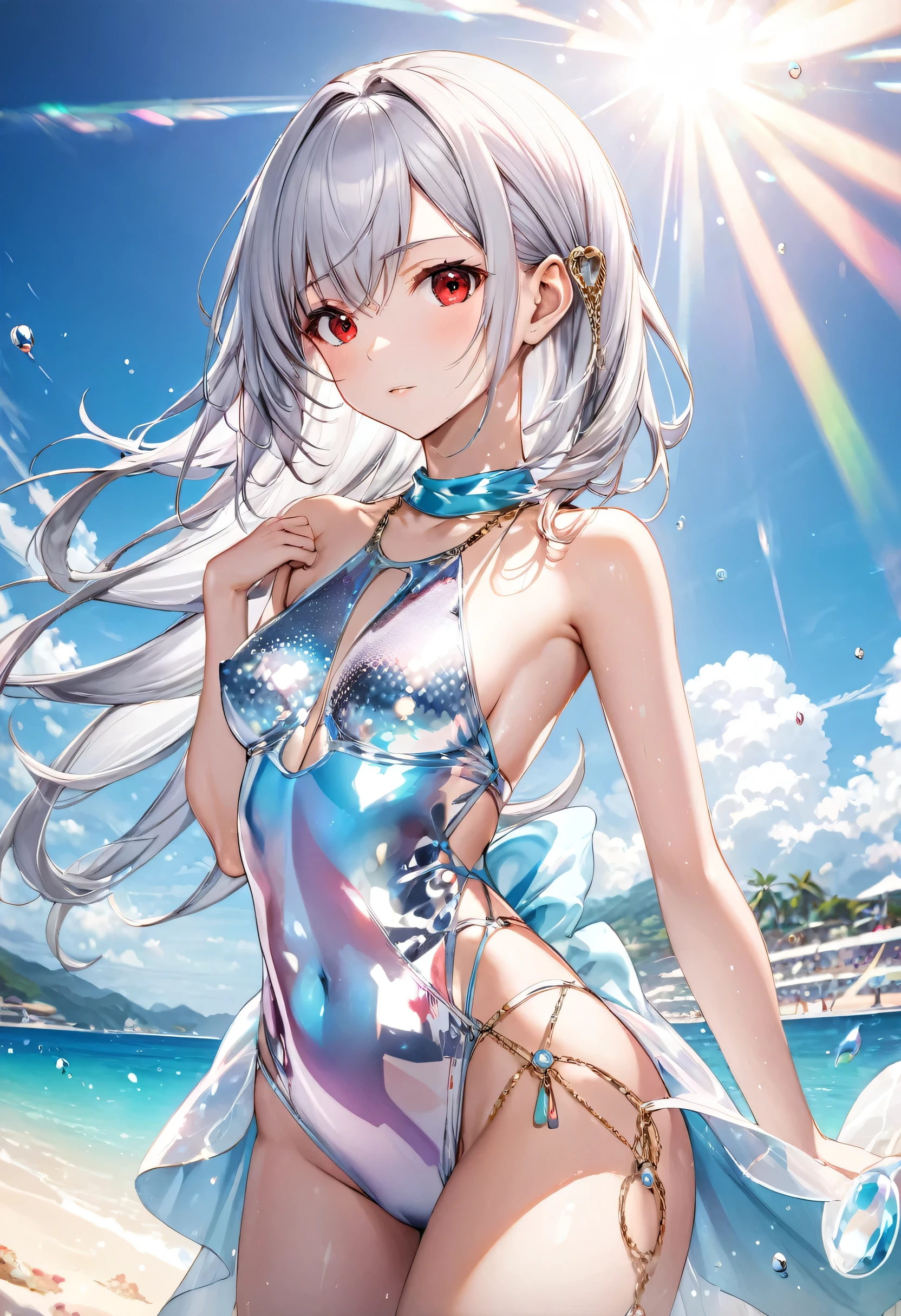 (pov Swimwear style) (beautiful body), (solo:2,  yo, hime cut silver hair hair long hair divine fighter girl, cool red eyes, serious make up face, medium tits), (in a Crystalline:1.3 detailed one piece Layered Dress swimsuit, detailed sequin body chain), break, in the summer Swimsuit contest show venue, background Double Exposure beautiful ocean, BREAK, perfect anatomy, masterpiece, best quality, 16k, beautiful detailed love, sexy, daydreaming expression.