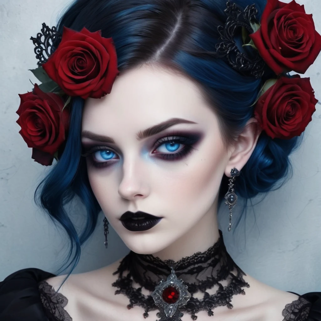 A stunning gothic woman with fair skin and intense blue eyes, framed by dramatic black eye makeup and dark lipstick. Her hair is styled into a sleek updo, adorned with red roses and intricate silver headdresses. She wears a black lace choker and matching earrings., both decorated with blue gemstones and an ornate cross necklace in bright red. The background is a deep blue gradient, enhancing the mystical and enchanting atmosphere. The overall style is dark, yet elegant, combining gothic and fantasy elements with a touch of romanticism. photo hyper realistic, 16K, swirly vibrant colors