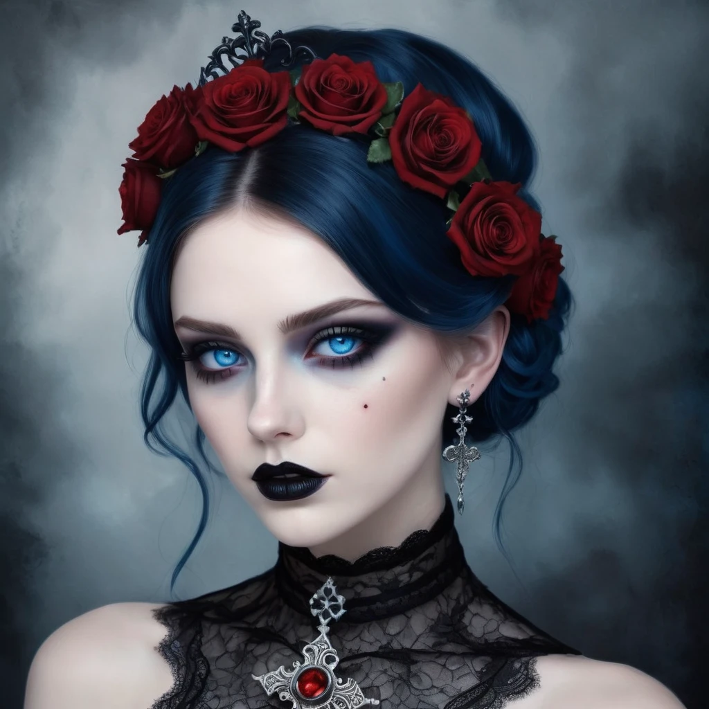 A stunning gothic woman with fair skin and intense blue eyes, framed by dramatic black eye makeup and dark lipstick. Her hair is styled into a sleek updo, adorned with red roses and intricate silver headdresses. She wears a black lace choker and matching earrings., both decorated with blue gemstones and an ornate cross necklace in bright red. The background is a deep blue gradient, enhancing the mystical and enchanting atmosphere. The overall style is dark, yet elegant, combining gothic and fantasy elements with a touch of romanticism. photo hyper realistic, 16K, swirly vibrant colors