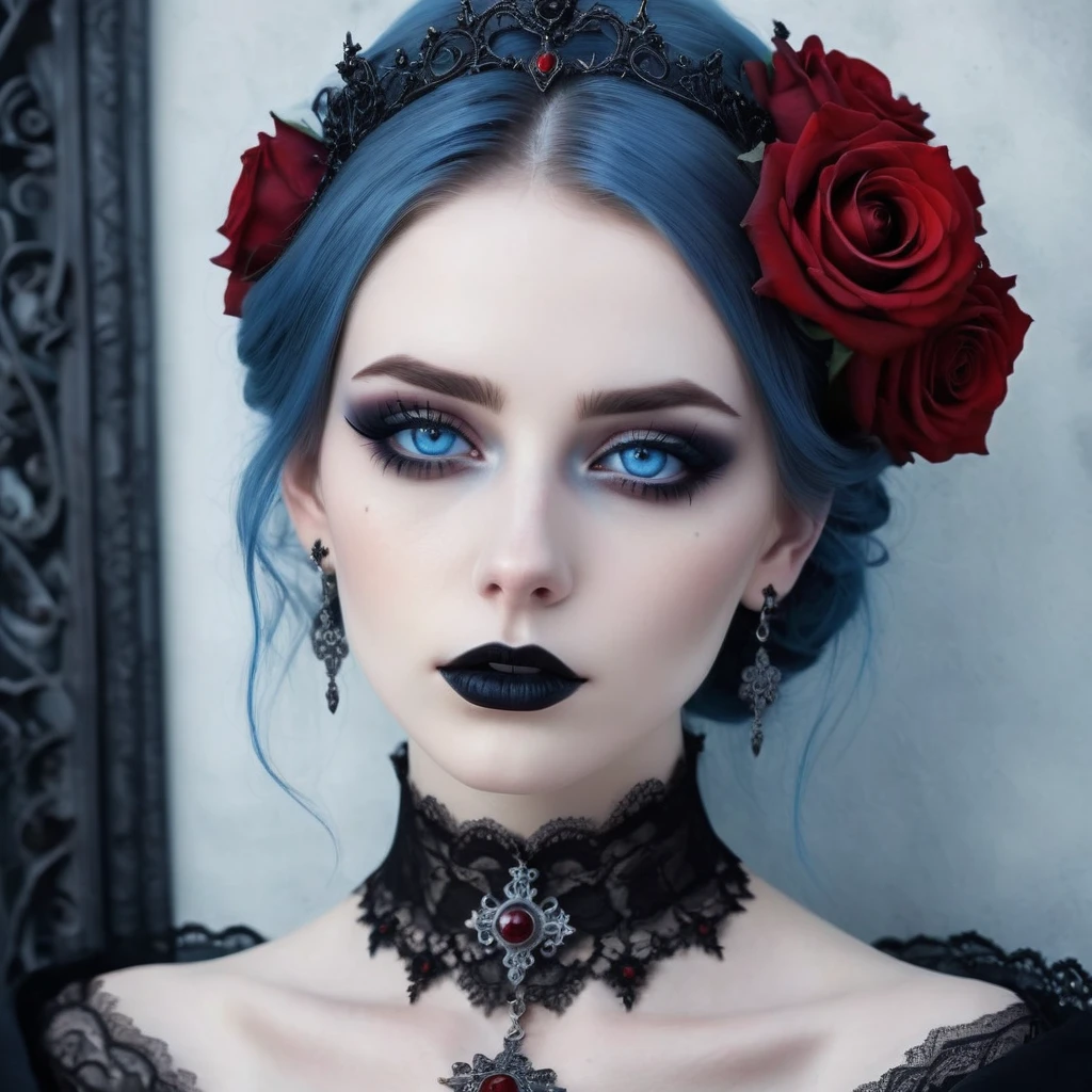 A stunning gothic woman with fair skin and intense blue eyes, framed by dramatic black eye makeup and dark lipstick. Her hair is styled into a sleek updo, adorned with red roses and intricate silver headdresses. She wears a black lace choker and matching earrings., both decorated with blue gemstones and an ornate cross necklace in bright red. The background is a deep blue gradient, enhancing the mystical and enchanting atmosphere. The overall style is dark, yet elegant, combining gothic and fantasy elements with a touch of romanticism. photo hyper realistic, 16K, swirly vibrant colors