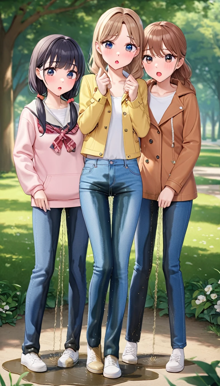 unaestheticXL_bp5, ((best quality, masterpiece:1.3, 8K)), (detailed), highly detailed face and skin texture, detailed eyes, park, pond, full body, (slender body:1.1), (a group of 3 girls:1.5), 25 years old, white skin, bright lips, worried, embarrassed, long hair, (forehead:1.0), (jeans pants:1.2, flares jeans:1.2, skinny jeans:1.2, blue jeans:1.2), (wetting themself:2.5),