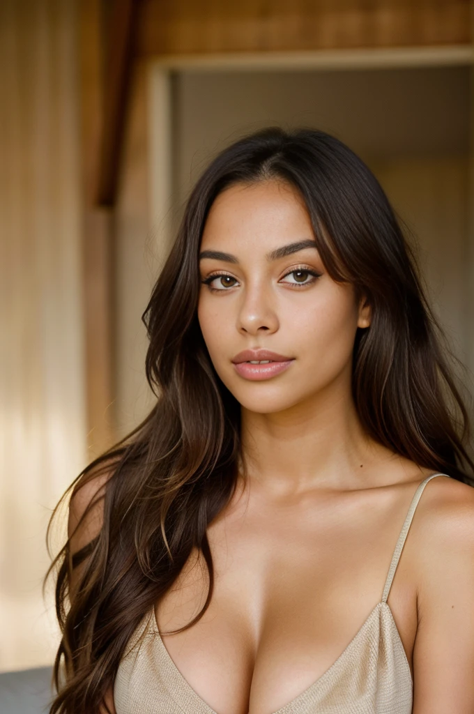 a photorealistic portrait of a 21-year-old Brazilian girl with long flowing brown hair, slightly full and luscious lips, lightly defined cheeks, striking light brown eyes and long eyelashes, and a slightly but not overly tanned Latino complexion. She must have beautiful and fine facial features. It should have a natural and approachable expression and be lit by the soft golden light of the sun, she should have a plunging black neckline over her breasts slightly hidden by her cleavage. The background should be an airy interior setting, perhaps a bedroom or living room of a beautiful modern house. Capture this image with high-resolution photography using an 85mm lens for a flattering perspective.