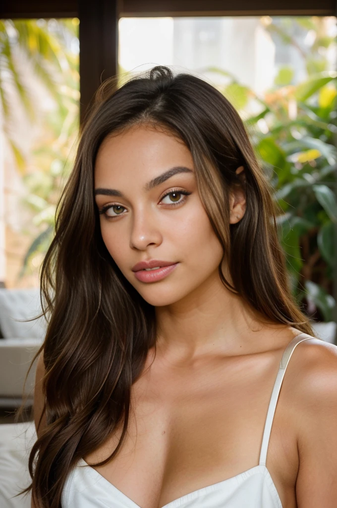 a photorealistic portrait of a 21-year-old Brazilian girl with long flowing brown hair, slightly full and luscious lips, lightly defined cheeks, striking light brown eyes and long eyelashes, and a slightly but not overly tanned Latino complexion. She must have beautiful and fine facial features. It should have a natural and approachable expression and be lit by the soft golden light of the sun, she should have a plunging black neckline over her breasts slightly hidden by her cleavage. The background should be an airy interior setting, perhaps a bedroom or living room of a beautiful modern house. Capture this image with high-resolution photography using an 85mm lens for a flattering perspective.