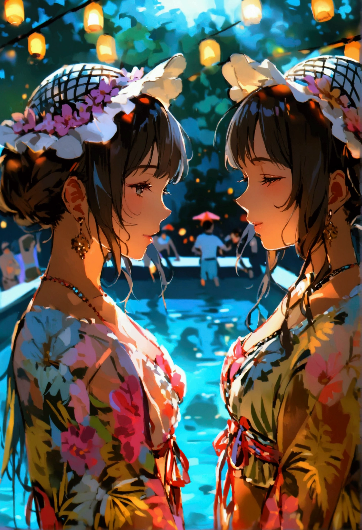 Many people in summer dresses are dancing by the pool、summer night