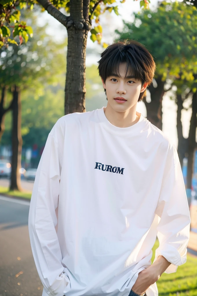 best quality, hyper quality, 8k, ultra detail, realistic, RAW photo, dslr, soft lighting, film grain, Fujifilm XT3, Screen Space Refraction, high detailed skin, natural skin texture, Canon 5D, high details,(masterpiece),(best quality),ultra hi res,realistic handsome male, young guy , asian male, blurry background,shirt,blurry,white shirt,1boy,male focus,hands in pockets,realistic,upper body,