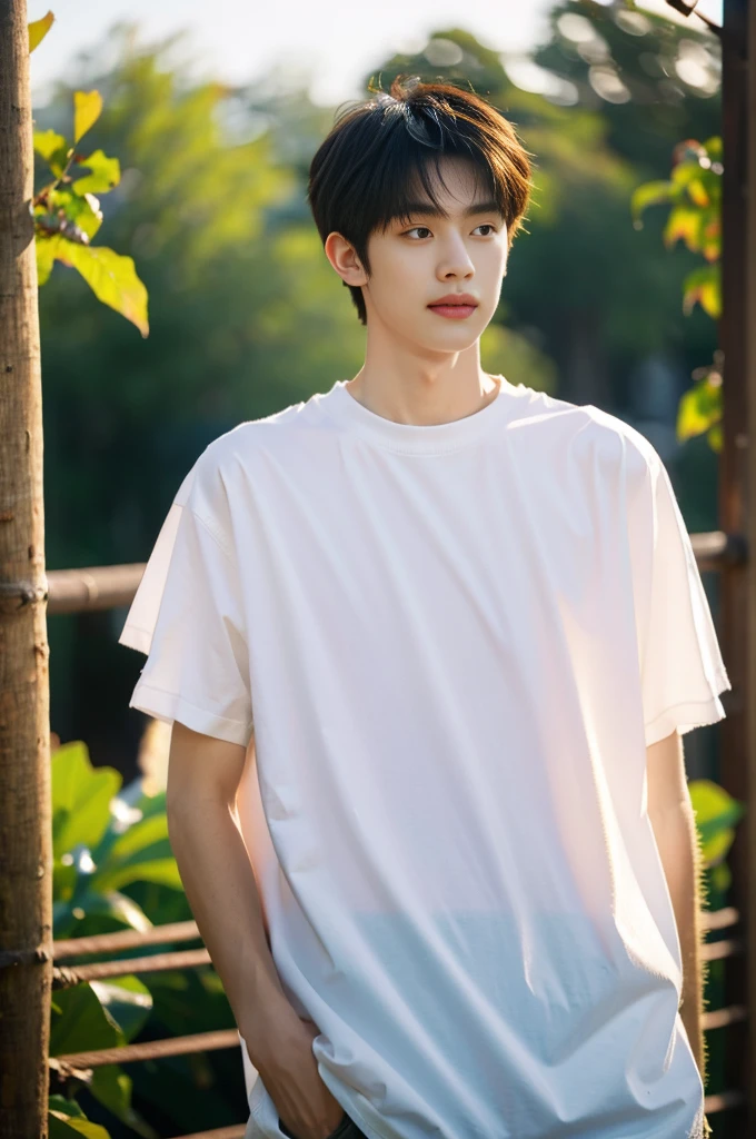 best quality, hyper quality, 8k, ultra detail, realistic, RAW photo, dslr, soft lighting, film grain, Fujifilm XT3, Screen Space Refraction, high detailed skin, natural skin texture, Canon 5D, high details,(masterpiece),(best quality),ultra hi res,realistic handsome male, young guy , asian male, blurry background,shirt,blurry,white shirt,1boy,male focus,hands in pockets,realistic,upper body,