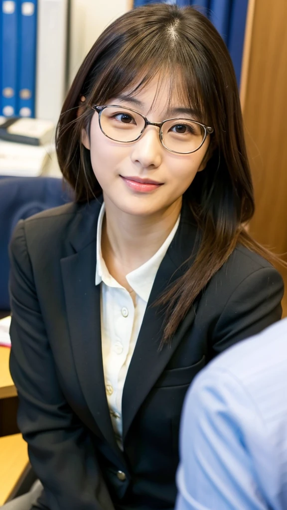 one woman, 30 years old, mai shiraishi, wearing glasses, beautiful woman, pretty face, cute face, suit, skirt, office room