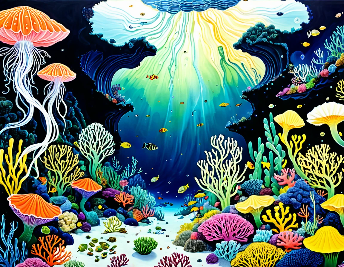 "Dick Ellescas Artist Style",Corals in the desert,Schools of fish swimming,Tentacles,Eye、diatom,Stitching together an abstract painting,Describing the inner world of autistic people,Sense of space,White Space,interesting,Innocence,Psychedelic Art,Dark Theme