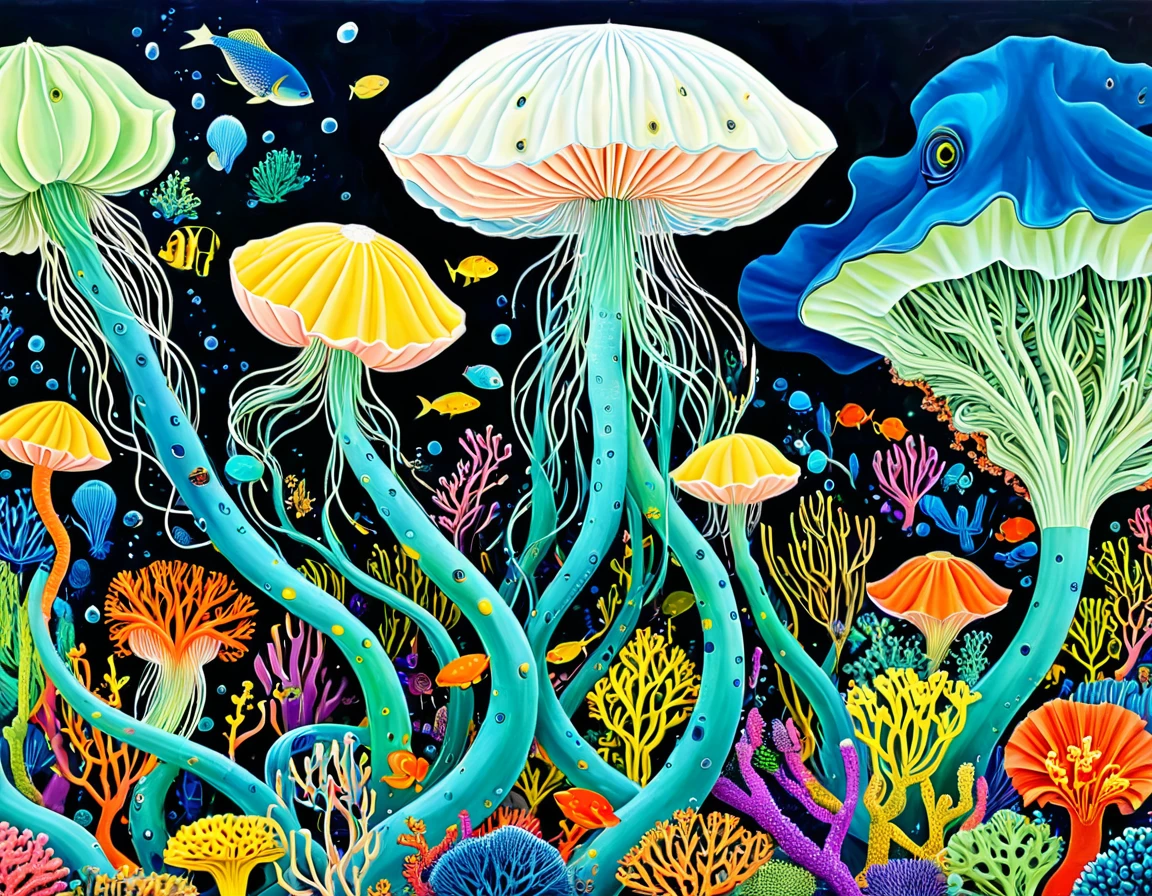 "Dick Ellescas Artist Style",Corals in the desert,Schools of fish swimming,Tentacles,Eye、diatom,Stitching together an abstract painting,Describing the inner world of autistic people,Sense of space,White Space,interesting,Innocence,Psychedelic Art,Dark Theme