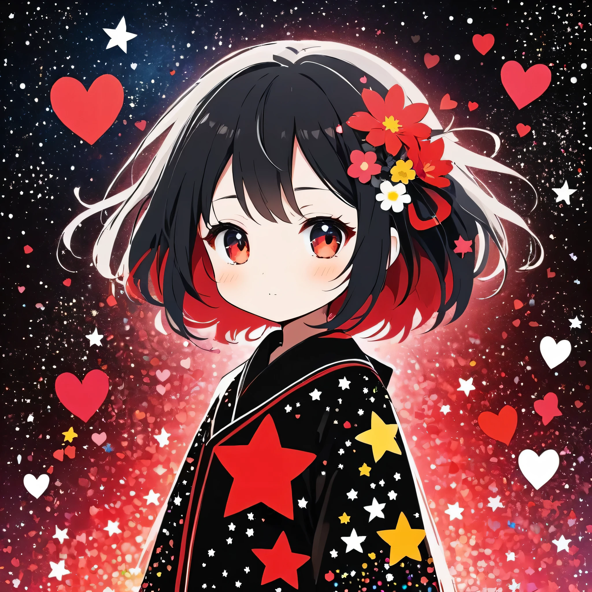 Black Star Red and White style, Simple Line Initialism,Abstract art,Kawaii Design, The most beautiful girl of all time、chibi, The background is star dust, colorful hearts, colorful flowers,