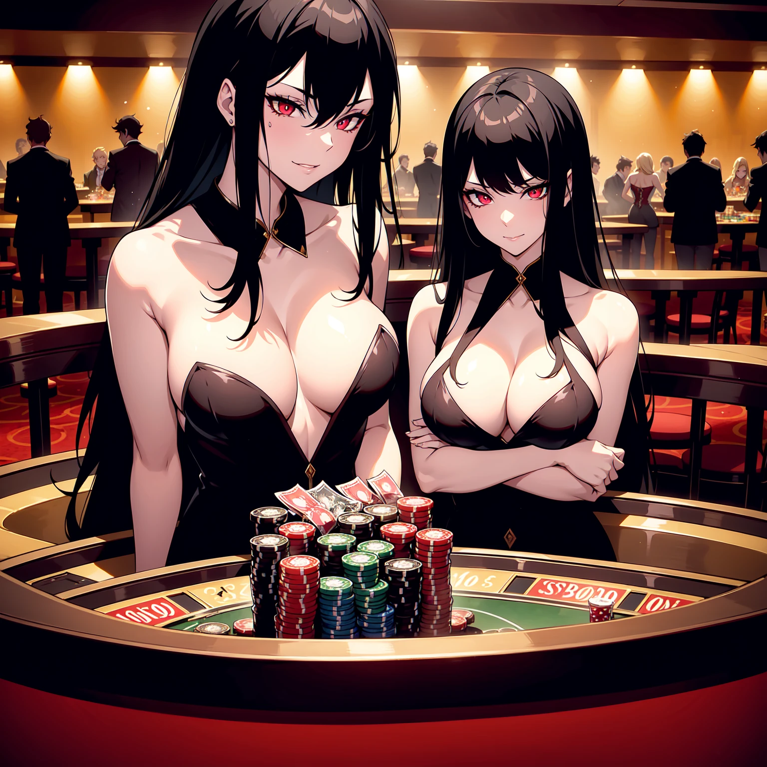 A dimly lit casino, shrouded in smoke and mirrors, serves as the backdrop for a high-stakes game of survival. MILFs with wicked grins, dressed to seduce, welcome debtors with cruel eyes. Heavily indebted individuals, desperate for a turnaround, place their last bets as dealers and hostesses exude a sultry aura. The air is thick with tension as lives hang in the balance, and the beautiful demons lure players into making reckless choices. In this hellish utopia, money and lives are gambled away, and the only reward is destruction., nsfw, Characters focus, fisheye lens, Close-up