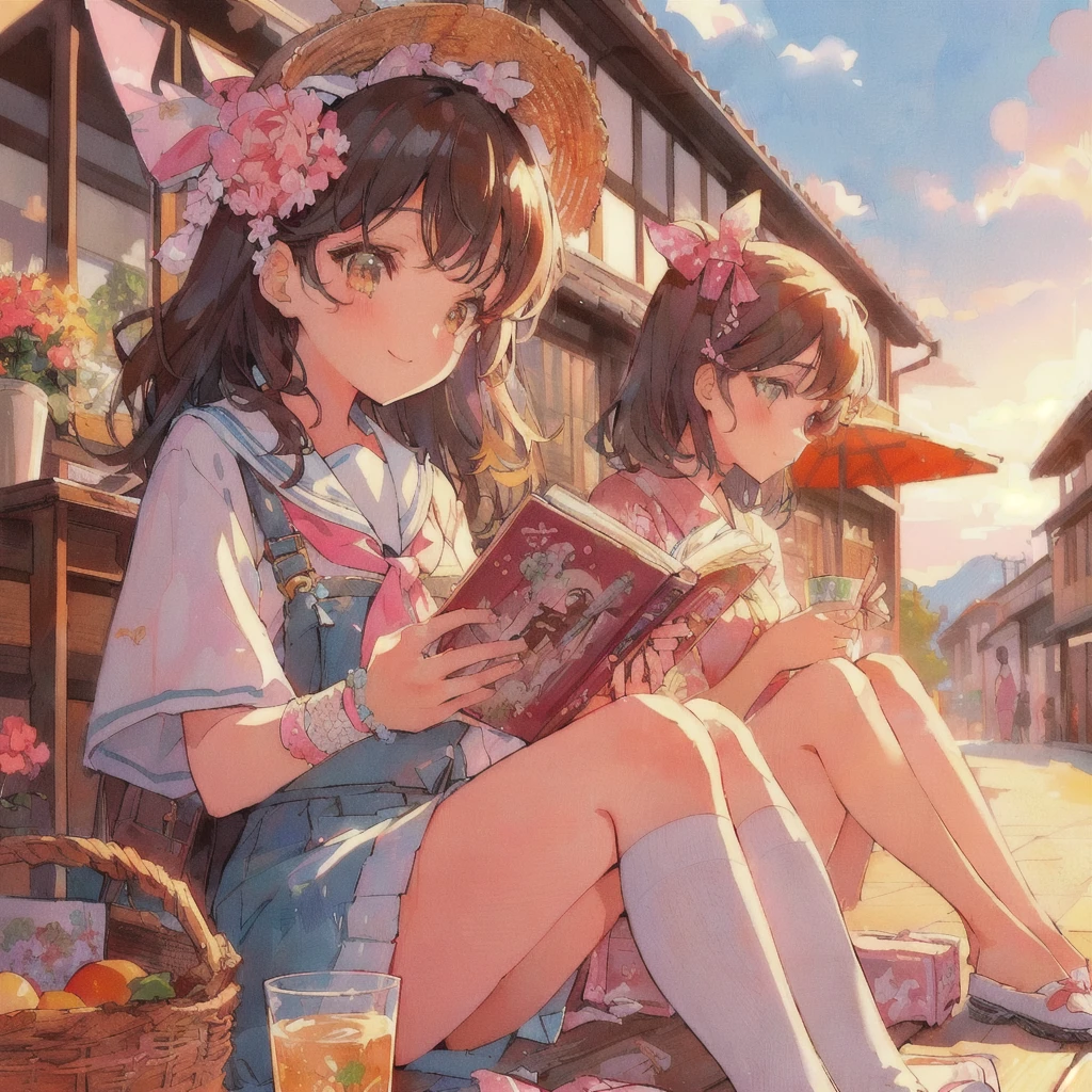 Showa Townを背景に文庫本を読んでいるアニメの女の子, smile,Lo-fi Girl, digital Anime illustration, Gweiz-style artwork, Anime Aesthetics, Showa Town,Portrait of Rofi, Anime-style illustrations, Lo-fi Girl aesthetic, 80s anime style,Beautiful anime art style, Anime illustration, Landscapes by Ilya Kuvshinov, Tokyo Anime Scene, Summer Afternoon, Anime Style 4k