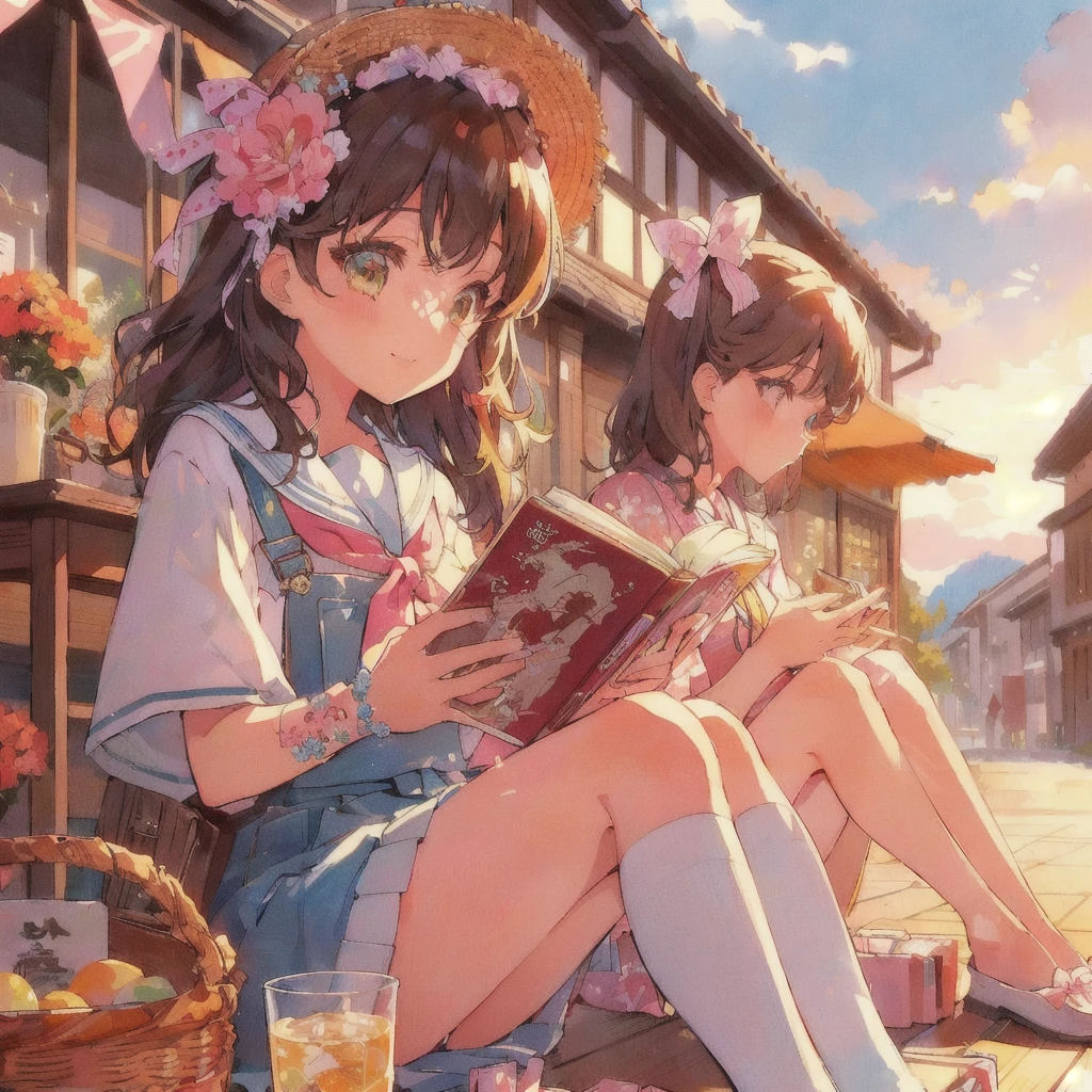 Showa Townを背景に文庫本を読んでいるアニメの女の子, smile,Lo-fi Girl, digital Anime illustration, Gweiz-style artwork, Anime Aesthetics, Showa Town,Portrait of Rofi, Anime-style illustrations, Lo-fi Girl aesthetic, 80s anime style,Beautiful anime art style, Anime illustration, Landscapes by Ilya Kuvshinov, Tokyo Anime Scene, Summer Afternoon, Anime Style 4k