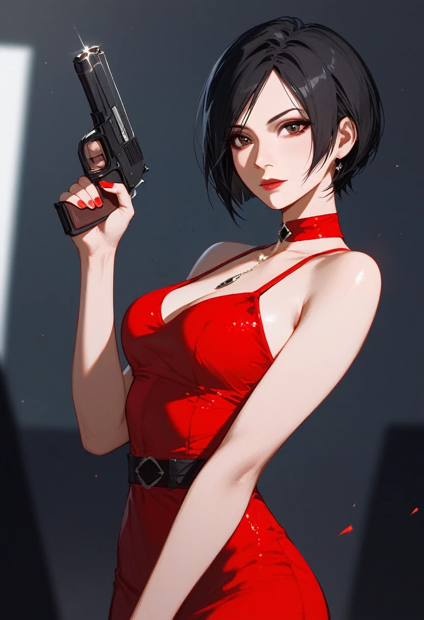 (Fraction_9,Fraction_8_Direction_7_up),1 a woman,(((bust))),Ada Wong,Characters in Resident Evil,Black short hair,Black leather jacket,Red skirt,holding handgun,