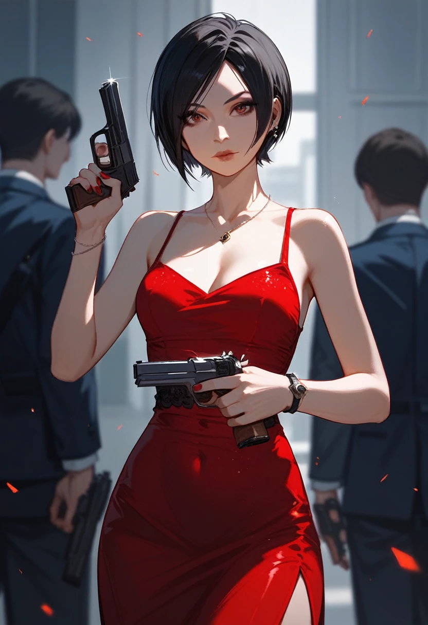(Fraction_9,Fraction_8_Direction_7_up),1 a woman,(((bust))),Ada Wong,Characters in Resident Evil,Black short hair,Red Dress,holding handgun,