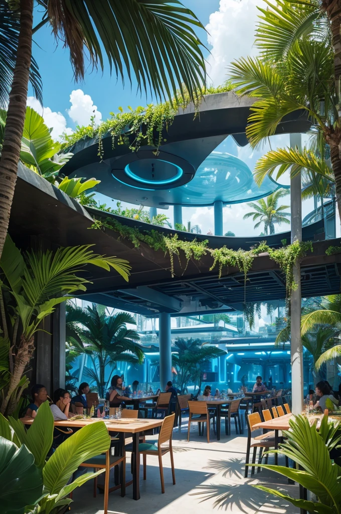 Create for me a futuristic tropical environment, tables full of people sitting, tropical environment where drinks are sold