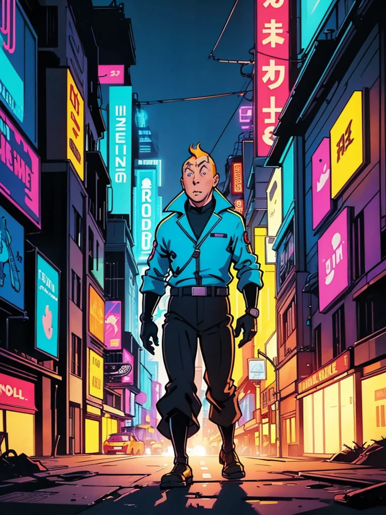 One of the official covers of Hergé's comics, but it's cyberpunk in neon colors.