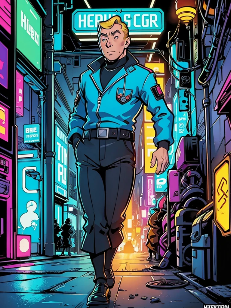 One of the official covers of Hergé's comics, but it's cyberpunk in neon colors.