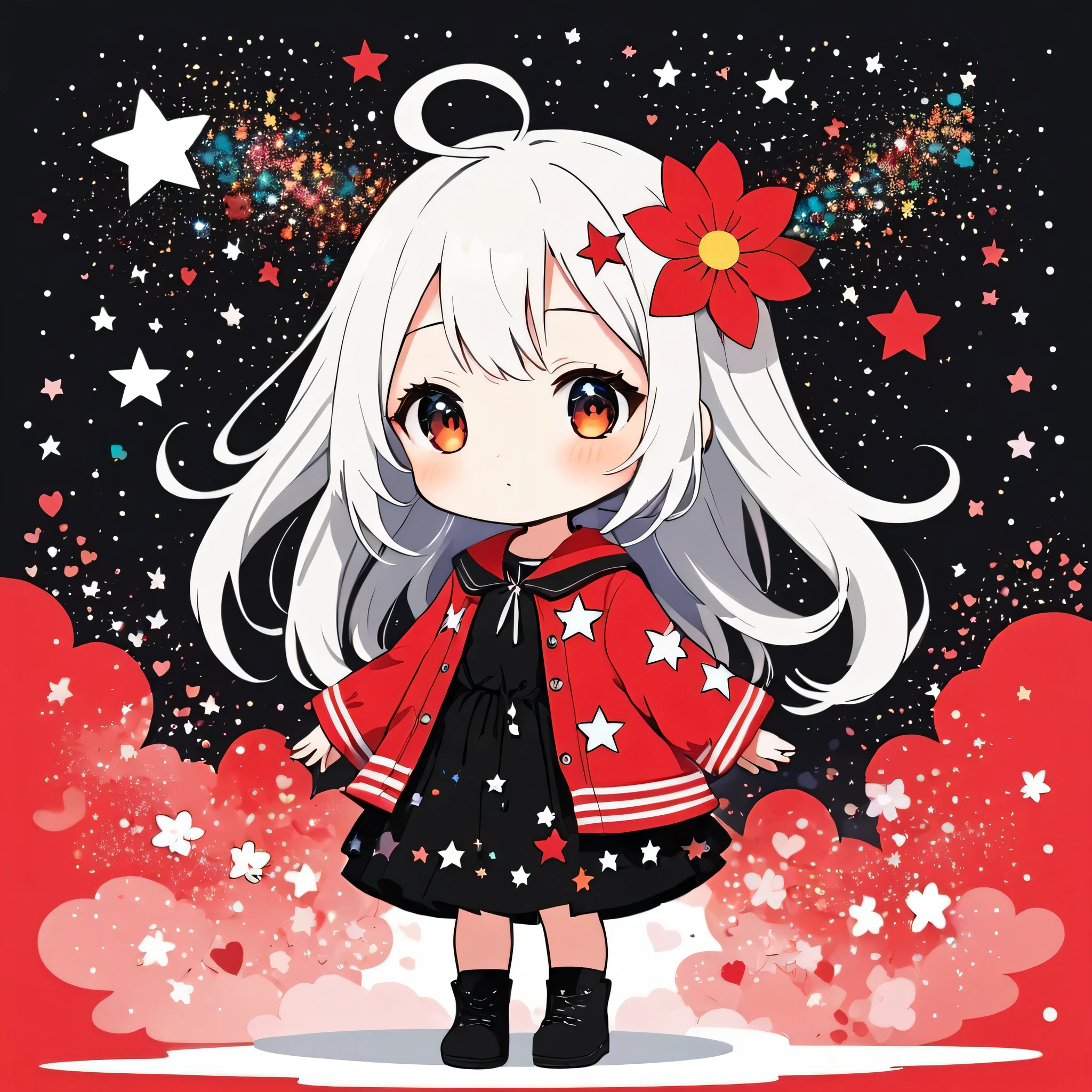 Black Star Red and White style, Simple Line Initialism，Abstract art，Kawaii Design, The most beautiful girl of all time、chibi, The background is star dust, colorful hearts, colorful flowers,