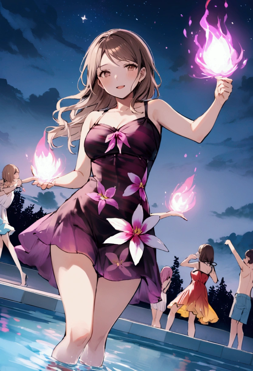 Many people in summer dresses are dancing by the pool、summer night
