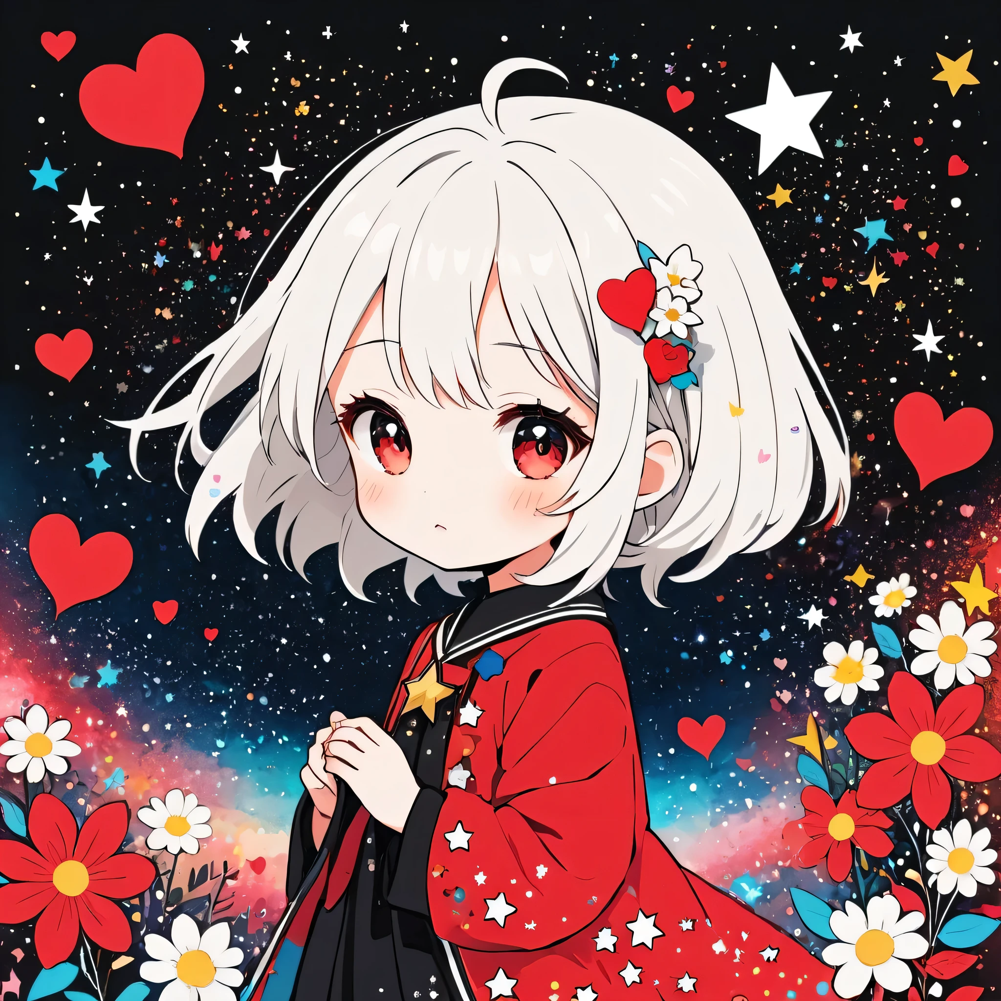 Black Star Red and White style, Simple Line Initialism，Abstract art，Kawaii Design, The most beautiful girl of all time、chibi, The background is star dust, colorful hearts, colorful flowers,