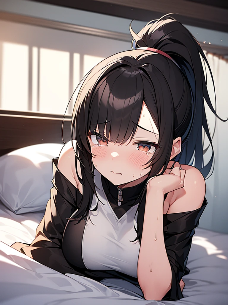 NSFW 表情にクローズアップ 黒いNo sleeve:1.3 1 female 1 male、Sex:1.3 On a white bed, in an apartment room, excitement, sweat, flushing), (Night, dark room, apartment room, lying on a white bed, troubled face, crying face)、 No sleeve、(Black hair, medium length, ponytail, straight hair, bangs swept to the side:1.9 Slanted eyes Brown eyes Tall Big breasts Strong Beautiful Cute) 、 細身の筋肉質の男とのSex