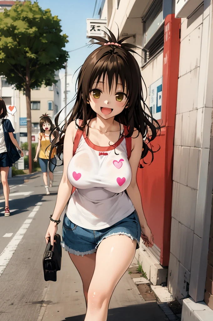 1girl,solo,yuuki mikan,, ,brown hair,, ,1girl,,,big breasts,,open mouth,,tongue,smile,(spoken heart),outdoor,,looking viewer,(((casual clothes))),walking,miniskirt