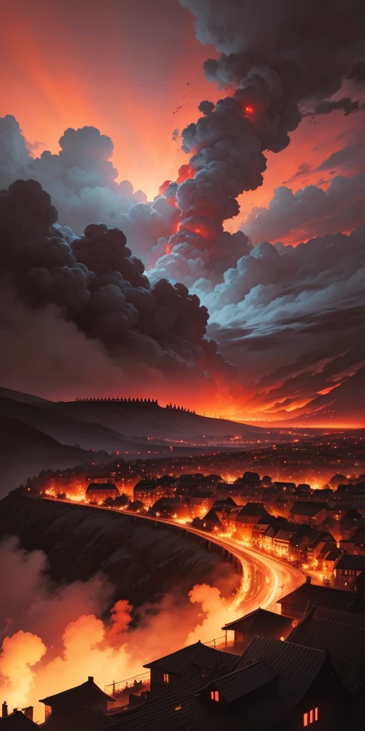 Knight looking at village in flames the sky red colour with black cloud 