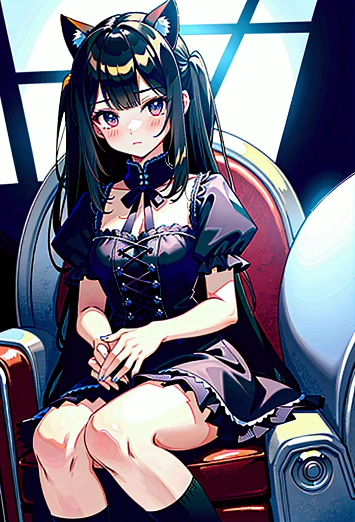 Anime girl with dark blue hair and black dress sitting on a chair, digital art on pixiv, anime art style, anime style 4K, cute anime in a nice dress, anime painter studio, zero chan art, beautiful anime art style, drawn in anime painter studio, anime moe art style, high quality anime art style, beautiful anime style, beautiful anime, in the room, sharp eyes, cool, blue eyes, 1 girl, sapphire, 1 girl, long skirt