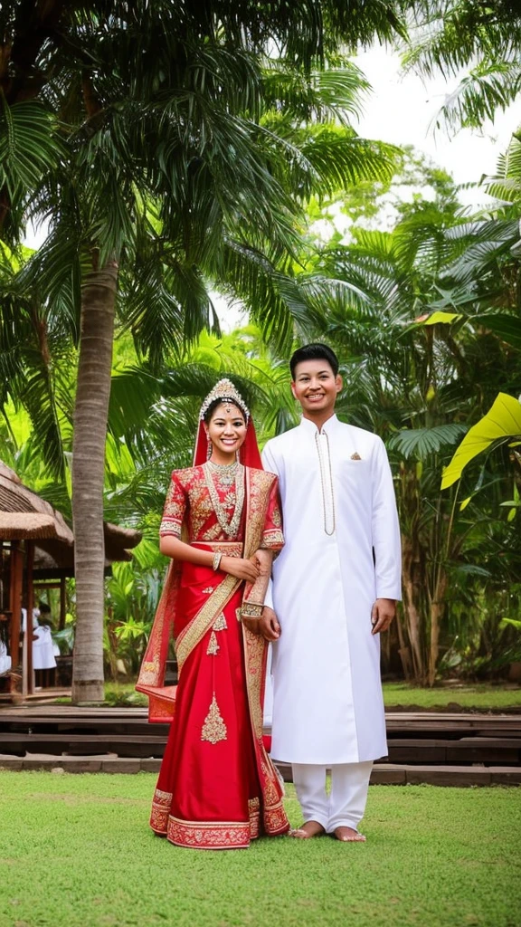 Groom and bride standing, Thailand's traditional culture, back yard background, 