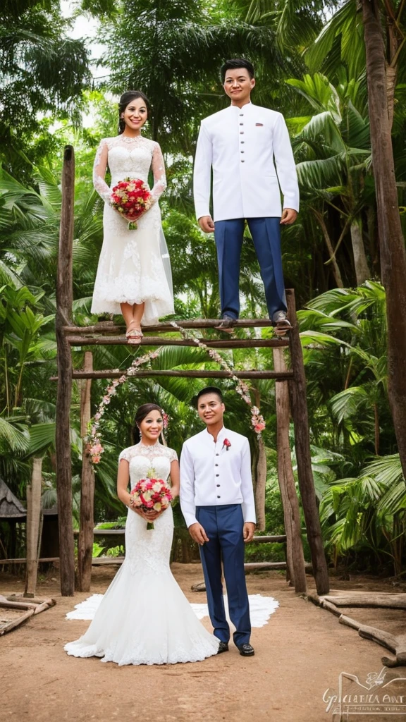Groom and bride standing, Thailand's traditional culture, back yard background,