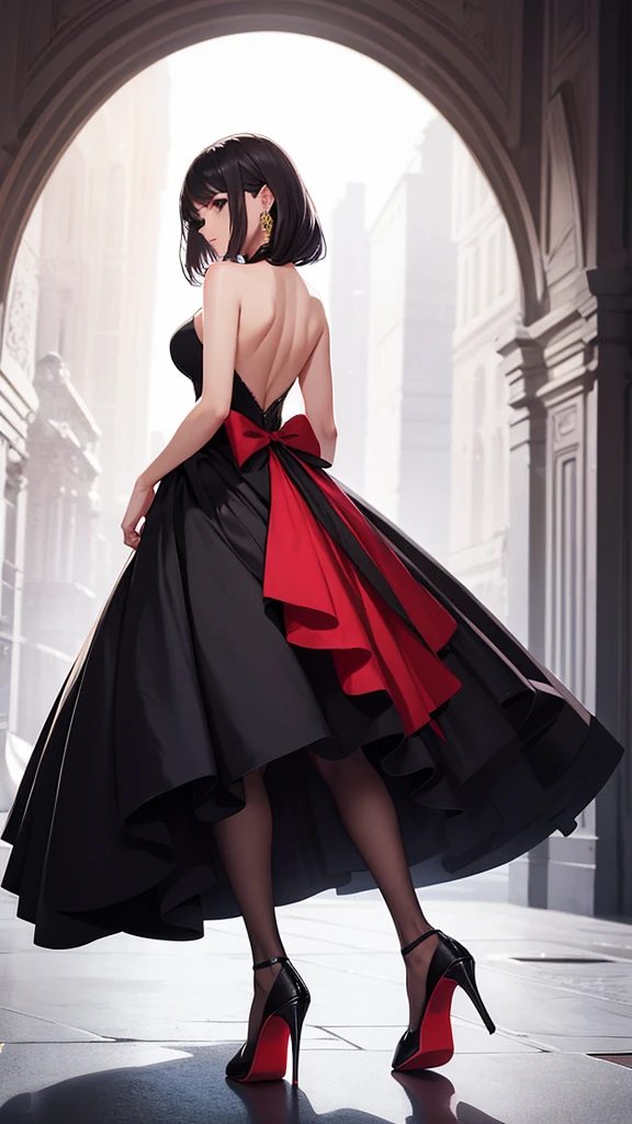 fullbody view, female, green eyes, black hair tied to a bun, strapless midi dress, red scarf around her neck, flowy arm sleeves, silk gloves