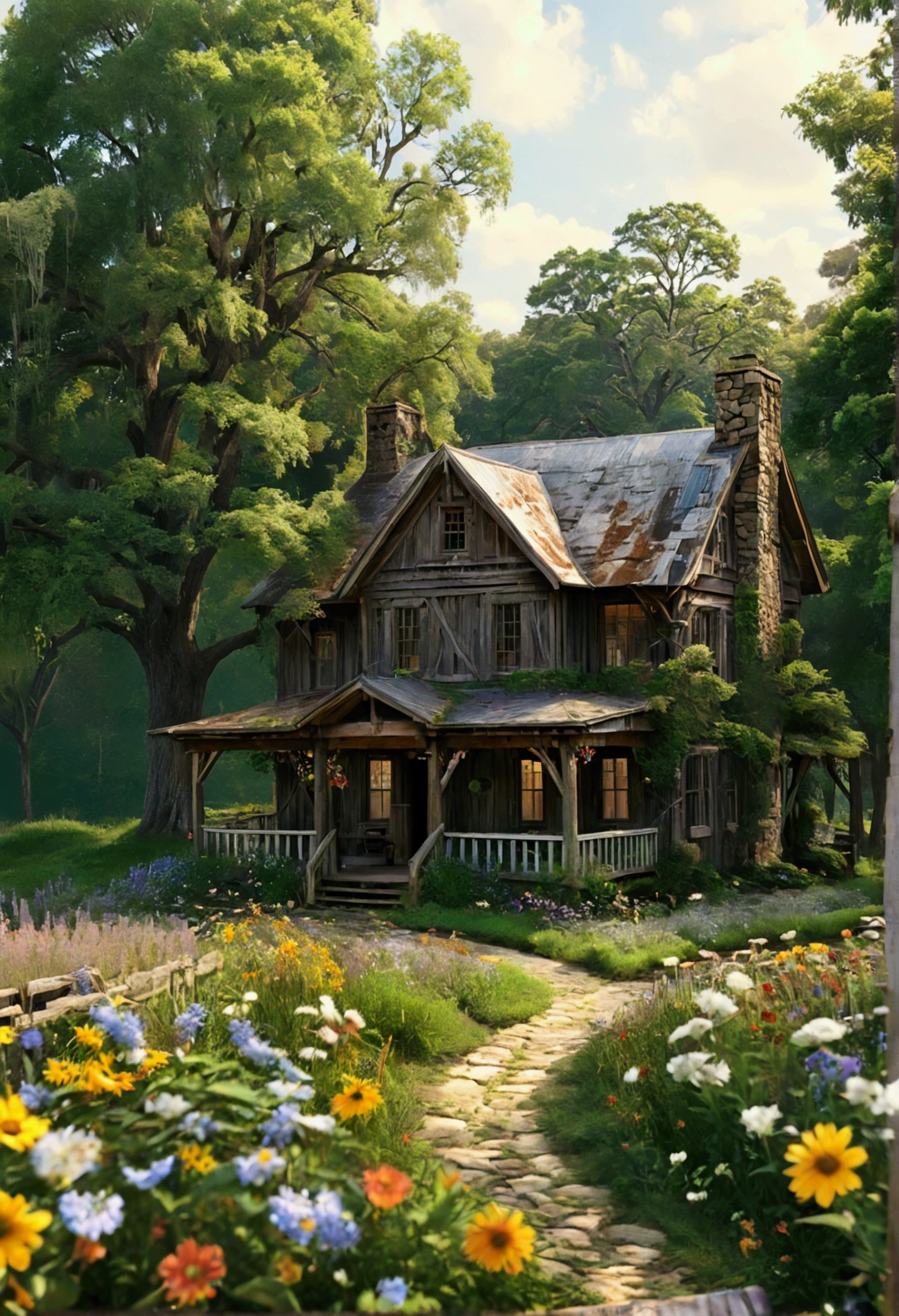 a rustic, weathered structure nestled amidst rolling green fields, surrounded by a white picket fence, with a charming stone pathway leading up to its front porch. The cabin itself boasts a sturdy, timber frame, adorned with intricate carvings, showcasing the craftsmanship of a bygone era. Its windows, adorned with lace curtains, invite warm sunlight to filter through, casting gentle shadows on the wooden floors within. The surrounding landscape is dotted with blooming wildflowers, their vibrant hues contrasting against the rustic backdrop. A gentle breeze rustles the leaves of the towering oak trees, their branches providing shade and a sense of tranquility. The air carries the faint scent of freshly cut grass and the distant melodies of chirping birds. The atmosphere exudes a peaceful and idyllic charm, transporting the viewer to a simpler time.、Clear dots of color、Highly detailed ::n_style Anime、Photorealsitic、Deformed、glitched、highcontrast、noisy ::seed 1000