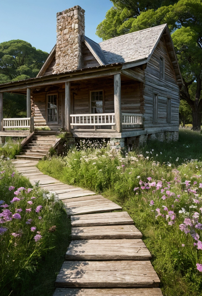 a rustic, weathered structure nestled amidst rolling green fields, surrounded by a white picket fence, with a charming stone pathway leading up to its front porch. The cabin itself boasts a sturdy, timber frame, adorned with intricate carvings, showcasing the craftsmanship of a bygone era. Its windows, adorned with lace curtains, invite warm sunlight to filter through, casting gentle shadows on the wooden floors within. The surrounding landscape is dotted with blooming wildflowers, their vibrant hues contrasting against the rustic backdrop. A gentle breeze rustles the leaves of the towering oak trees, their branches providing shade and a sense of tranquility. The air carries the faint scent of freshly cut grass and the distant melodies of chirping birds. The atmosphere exudes a peaceful and idyllic charm, transporting the viewer to a simpler time.、Clear dots of color、Highly detailed ::n_style Anime、Photorealsitic、Deformed、glitched、highcontrast、noisy ::seed 1000