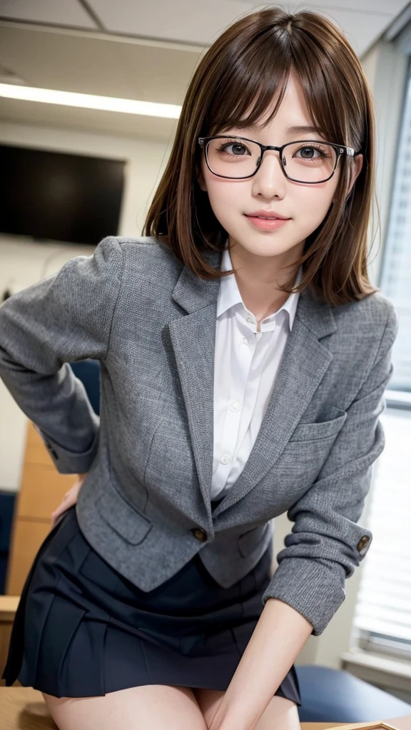 one woman, 30 years old, mai shiraishi, wearing glasses, beautiful woman, pretty face, cute face, suit, skirt, office room