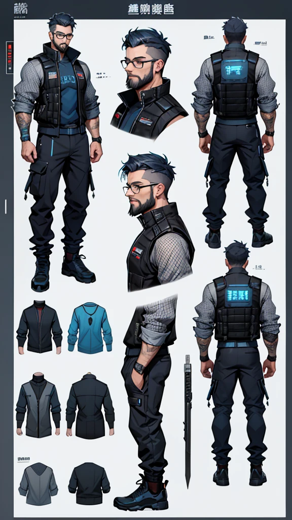 Character design sheet、Grey and blue mesh short hair、Glasses、male、Tactical Vest、whole body、cyber punk、Beard、
